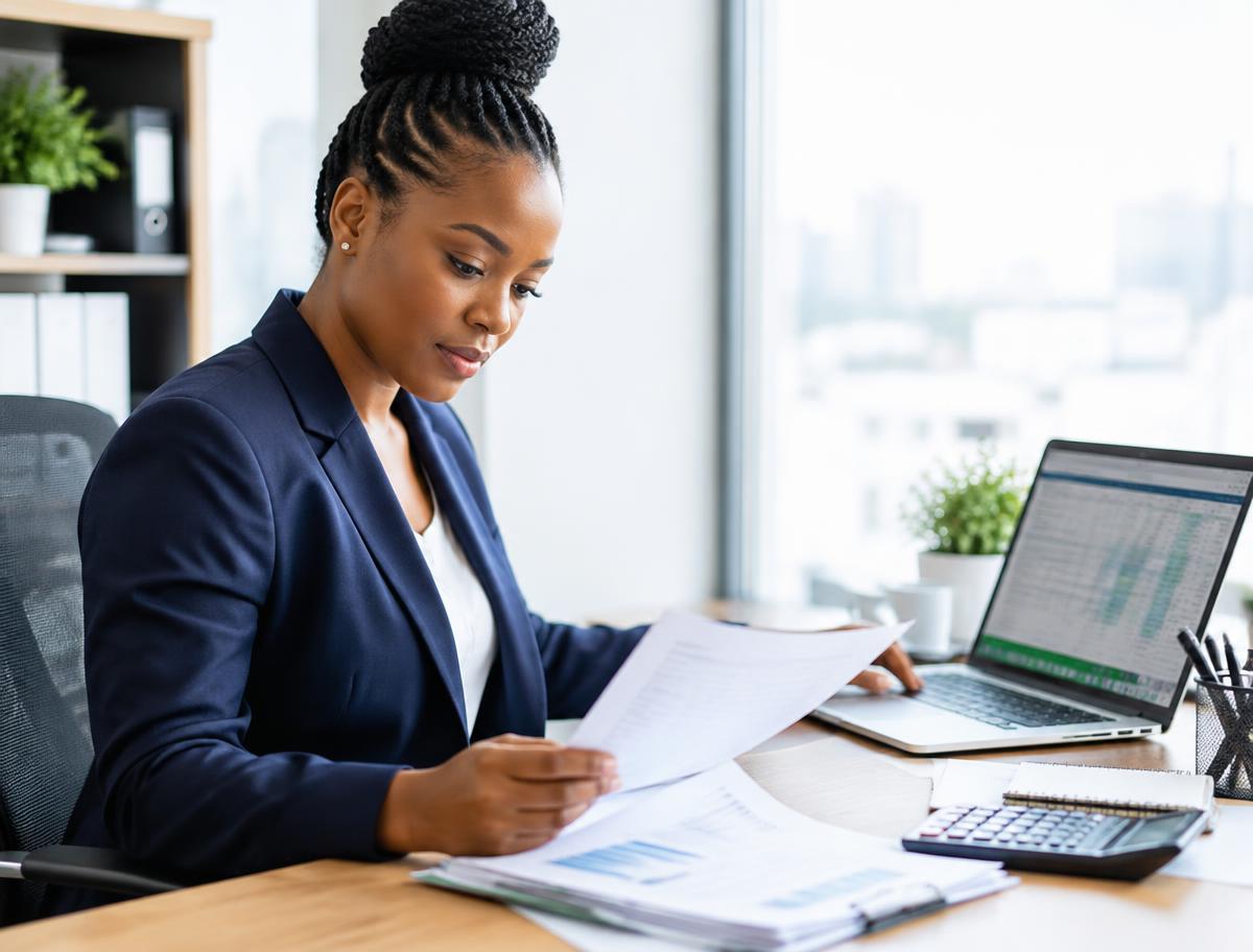 Accountant reviewing financial documents at her desk