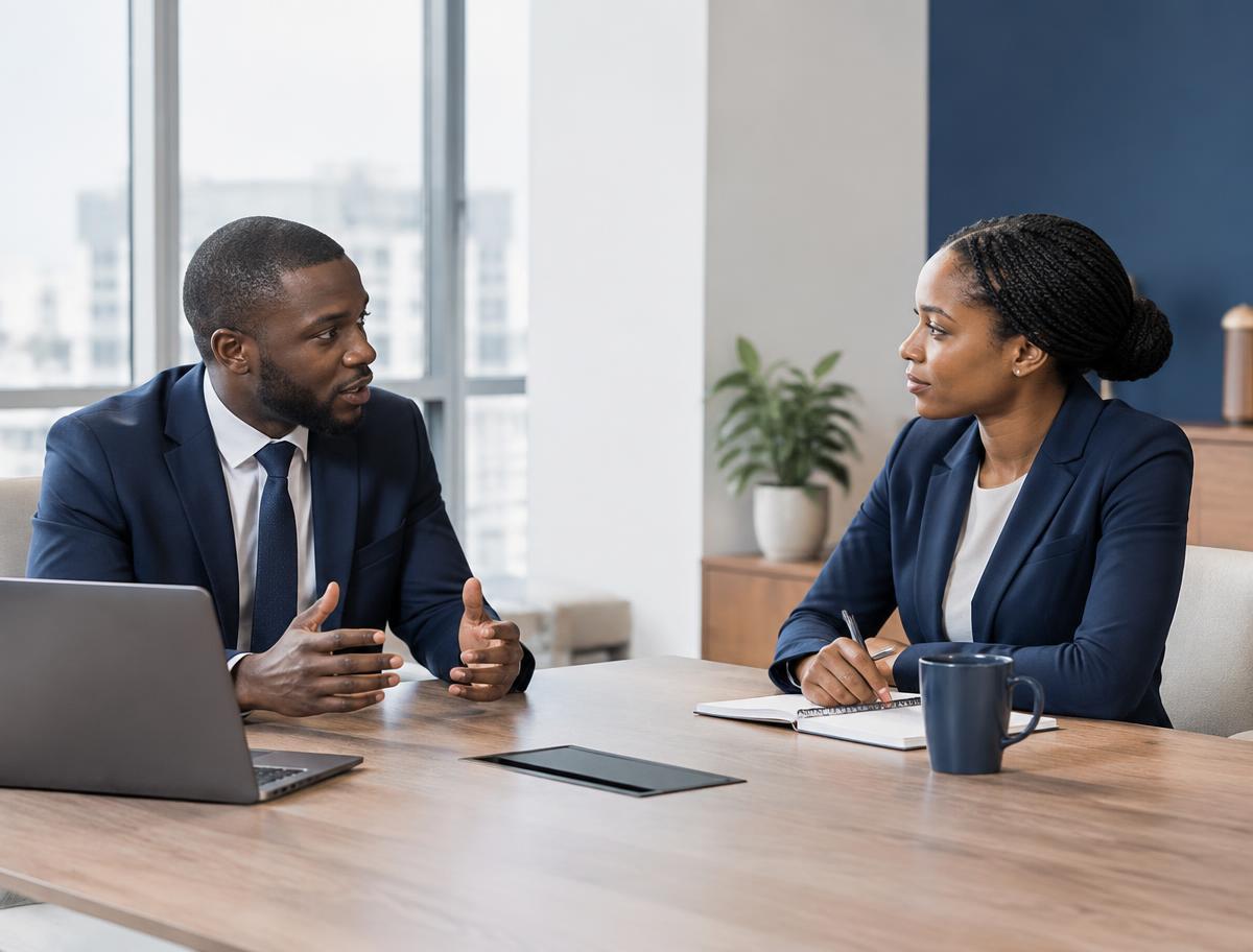 Consultants discussing a plan in a meeting room